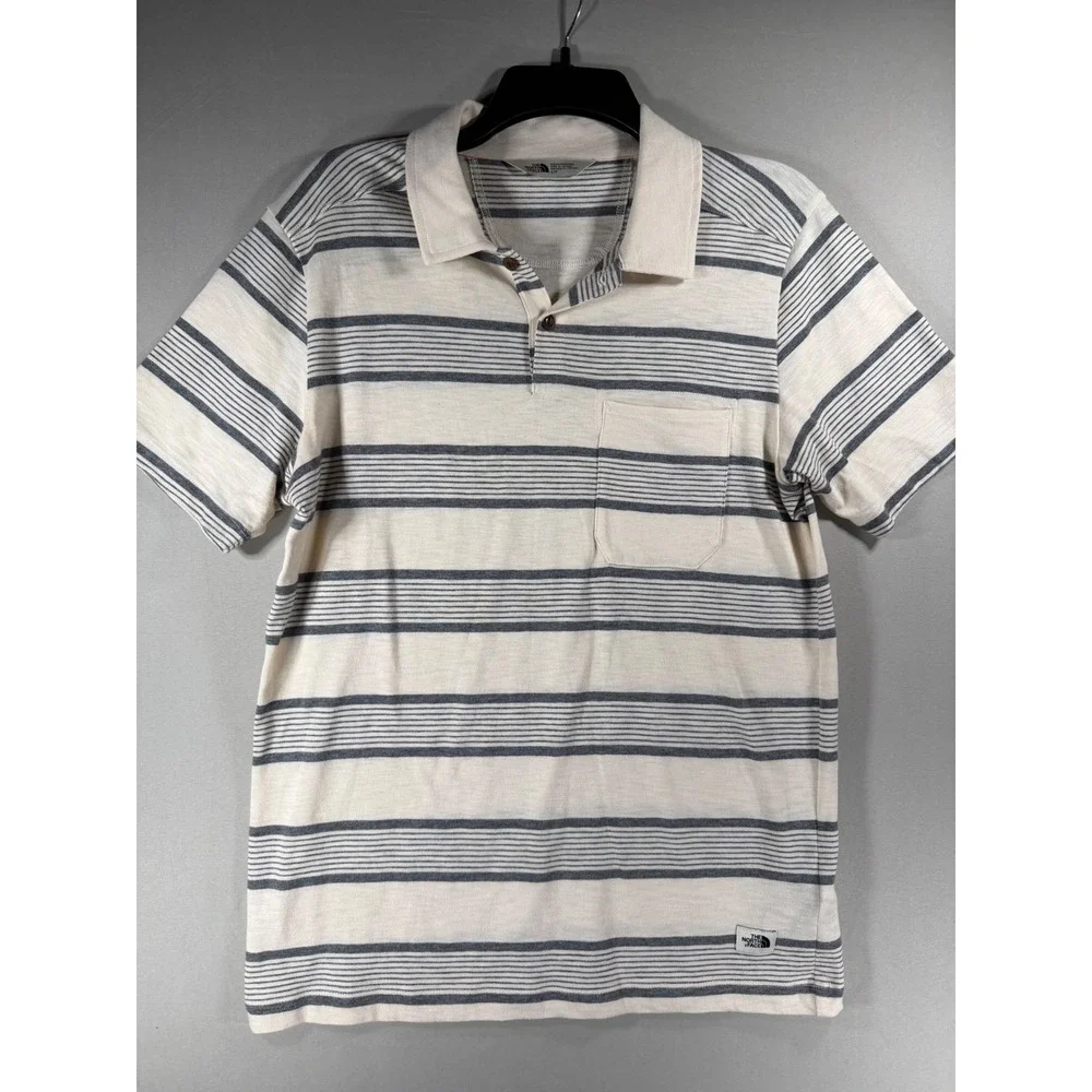 The North Face Mens Small Cream Grey Striped Short Sleeve Cotton Polo Shirt